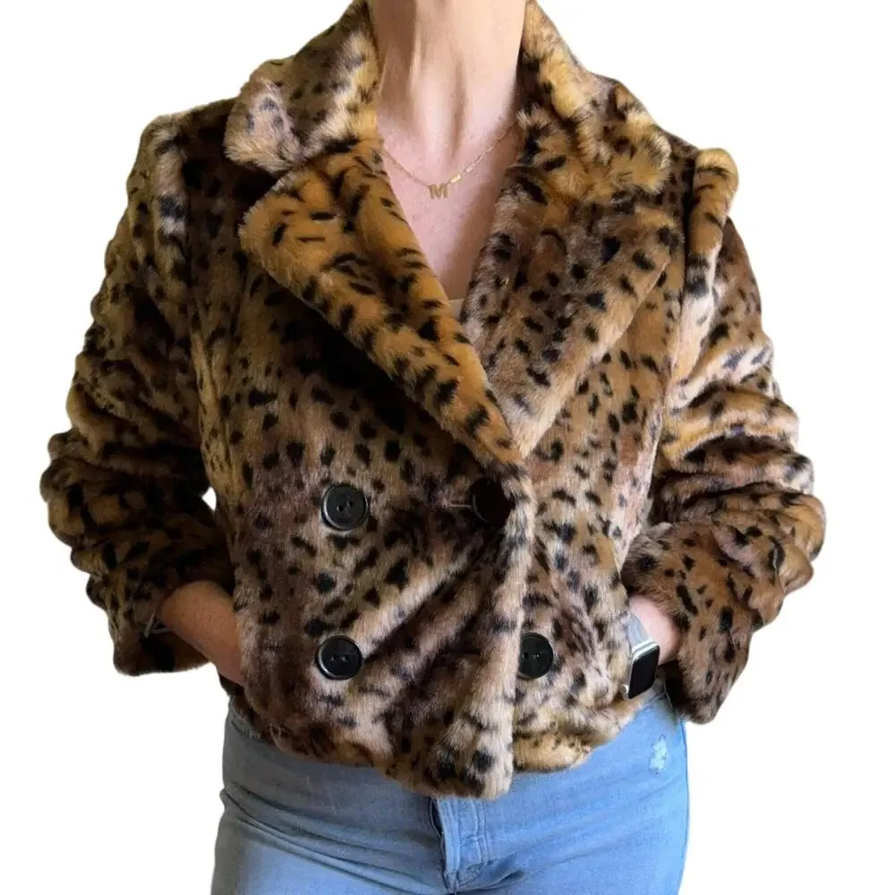 Ann Taylor LOFT Faux Fur Leopard Cropped Jacket Double Breasted Size S